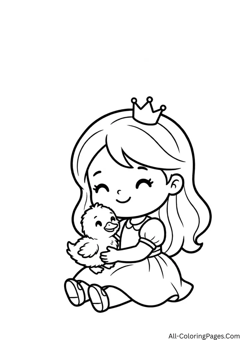 Princess sitting on the ground and cuddling a small fluffy duckling
