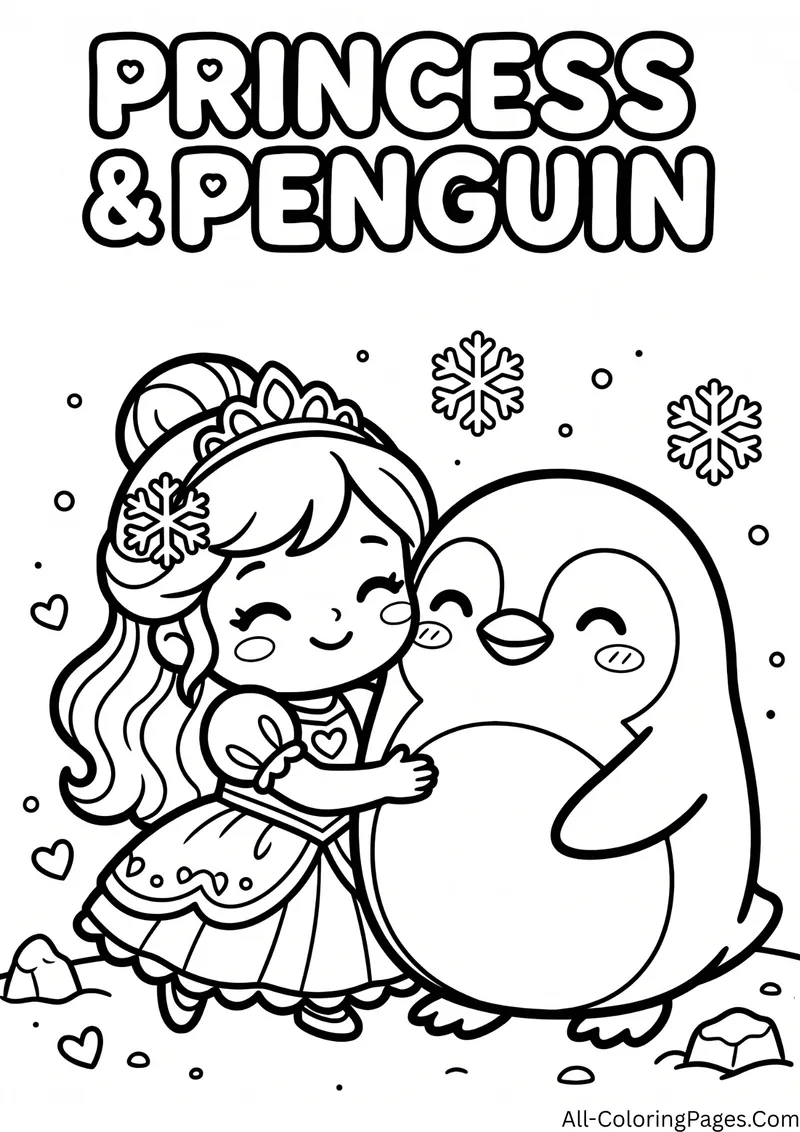 Princess in a snowflake patterned outfit hugging a round penguin, with snowflakes and hearts around them