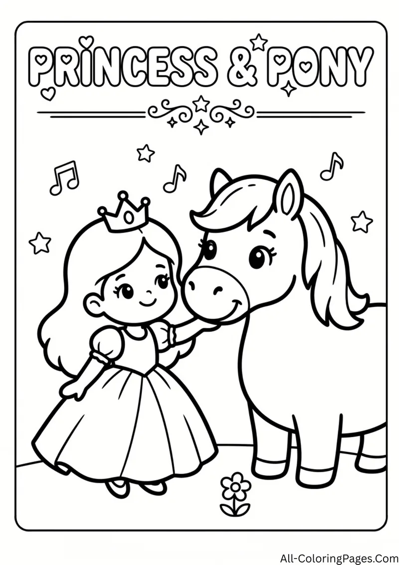 Princess petting a smiling pony with a flowing mane, with music notes and a small flower around them
