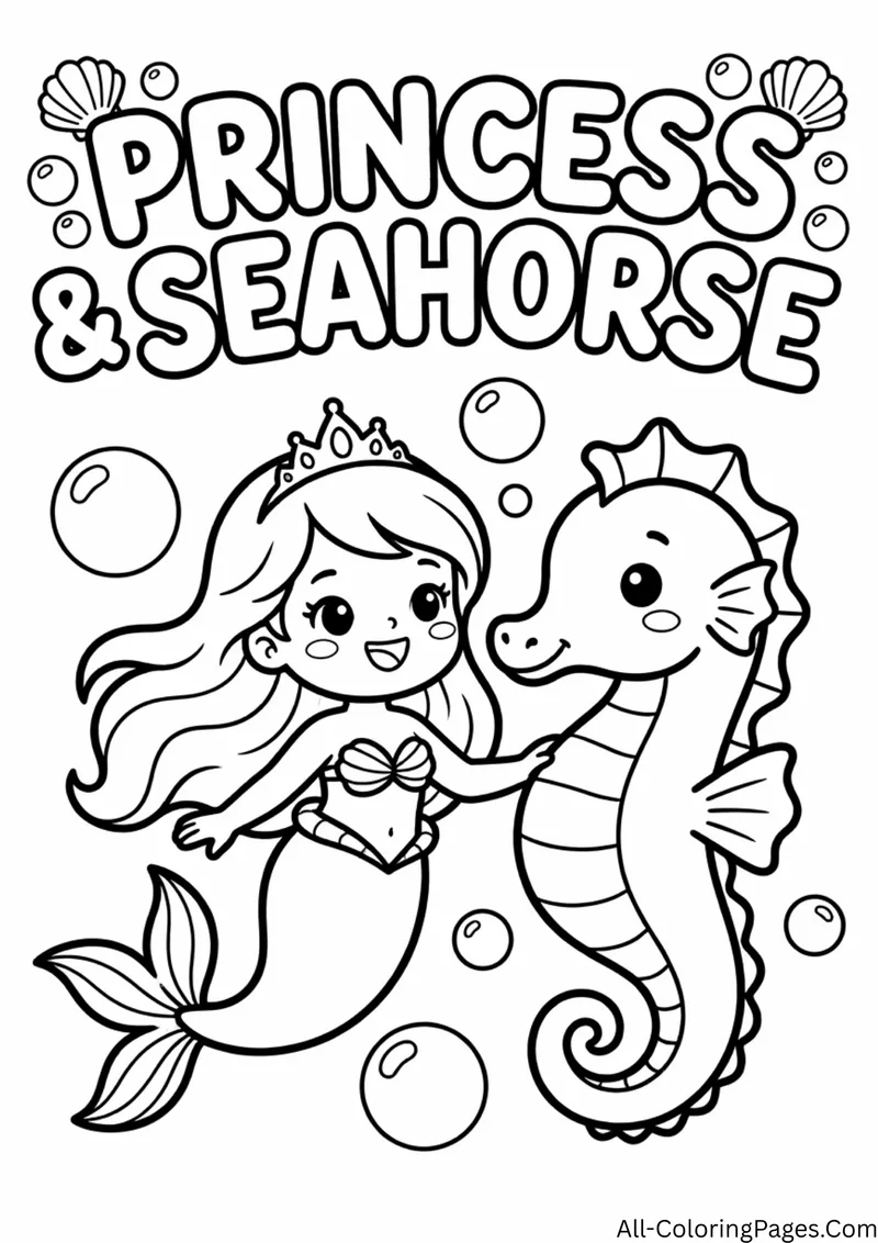 Mermaid princess with a long fish tail swimming beside a curly seahorse among large bubbles and shells