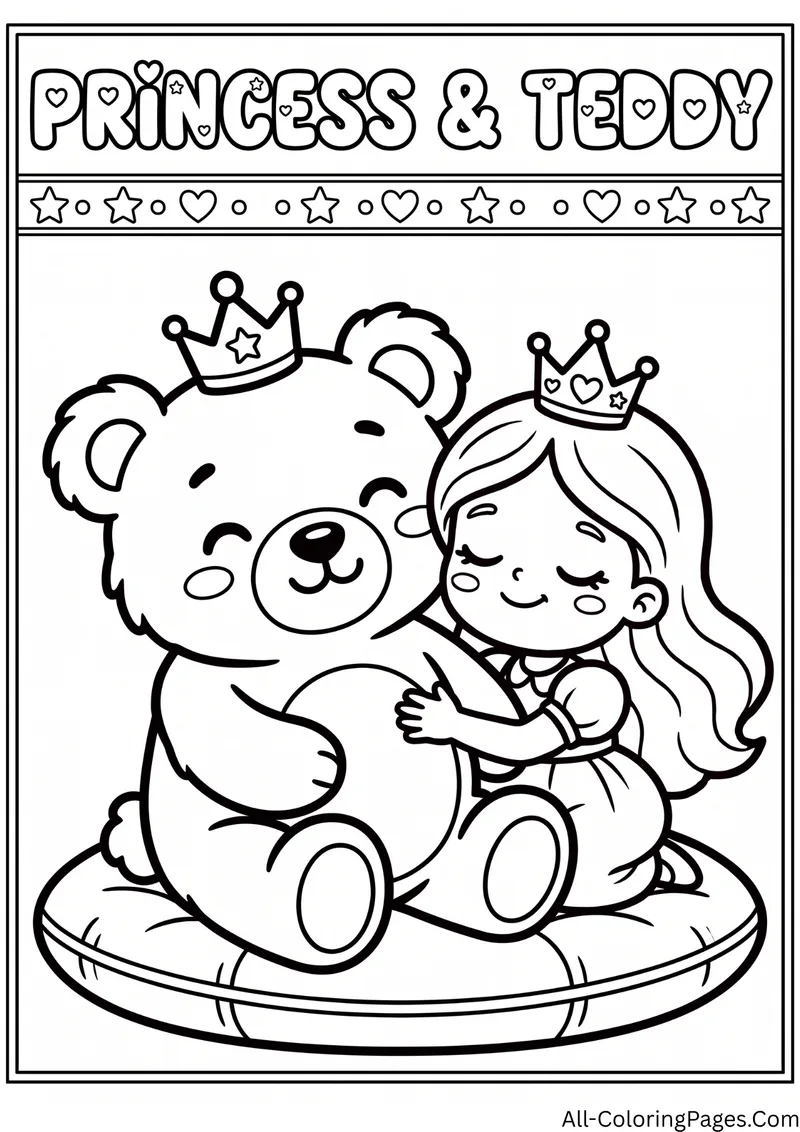 Princess and a large teddy bear, both wearing crowns, hugging on a round cushion inside a hearts and stars frame