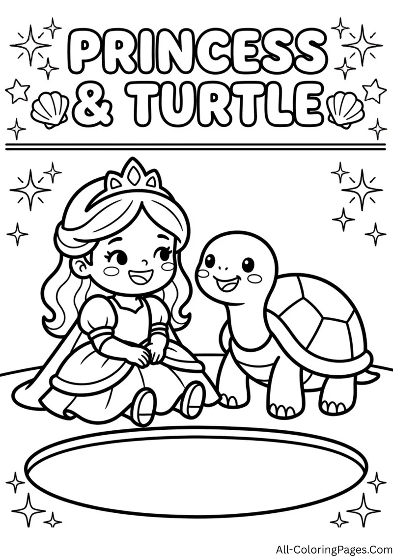 Princess in a flowing dress sitting beside a smiling turtle, with sparkles and shells in the border