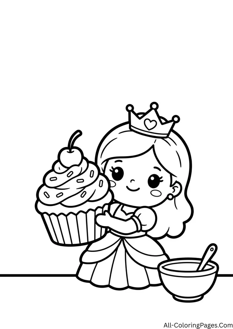 Princess in a crown holding a giant cupcake with a cherry on top, with a mixing bowl and spoon beside her