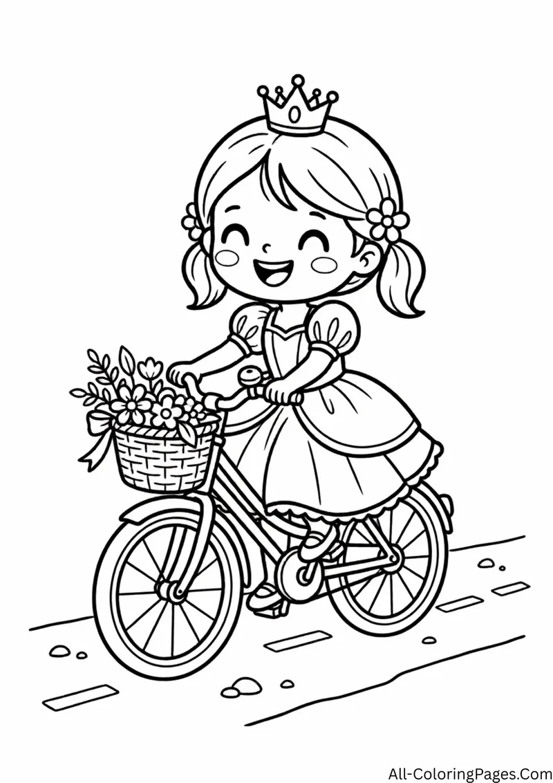 Princess riding a bicycle with a basket of flowers along a dashed path