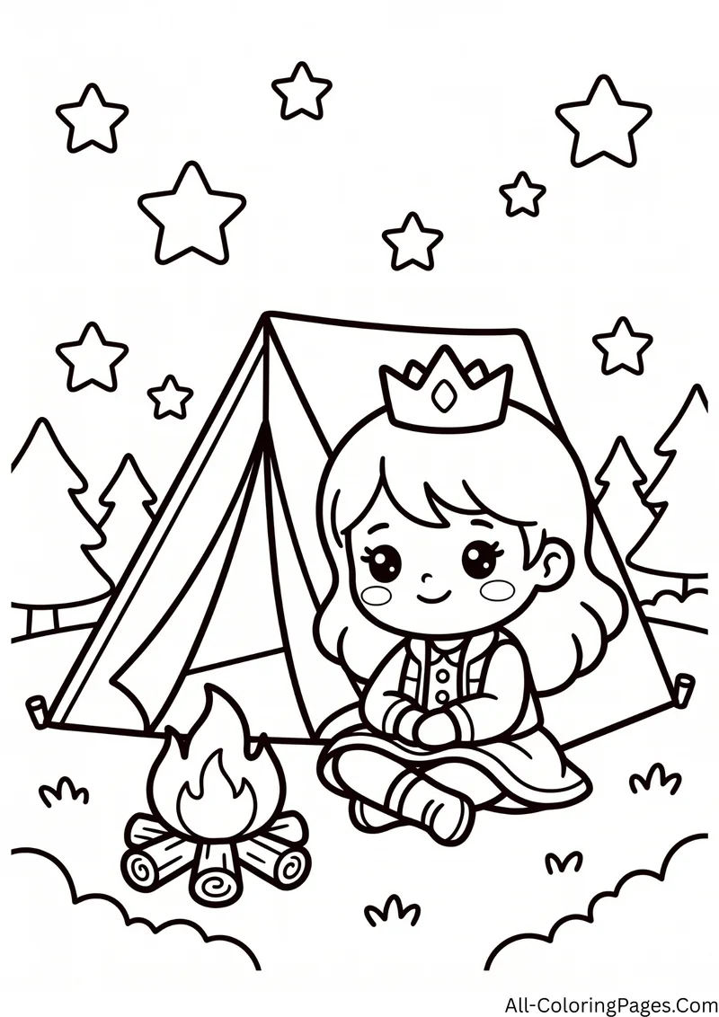 Princess sitting by a campfire in front of a tent with pine trees and many stars above