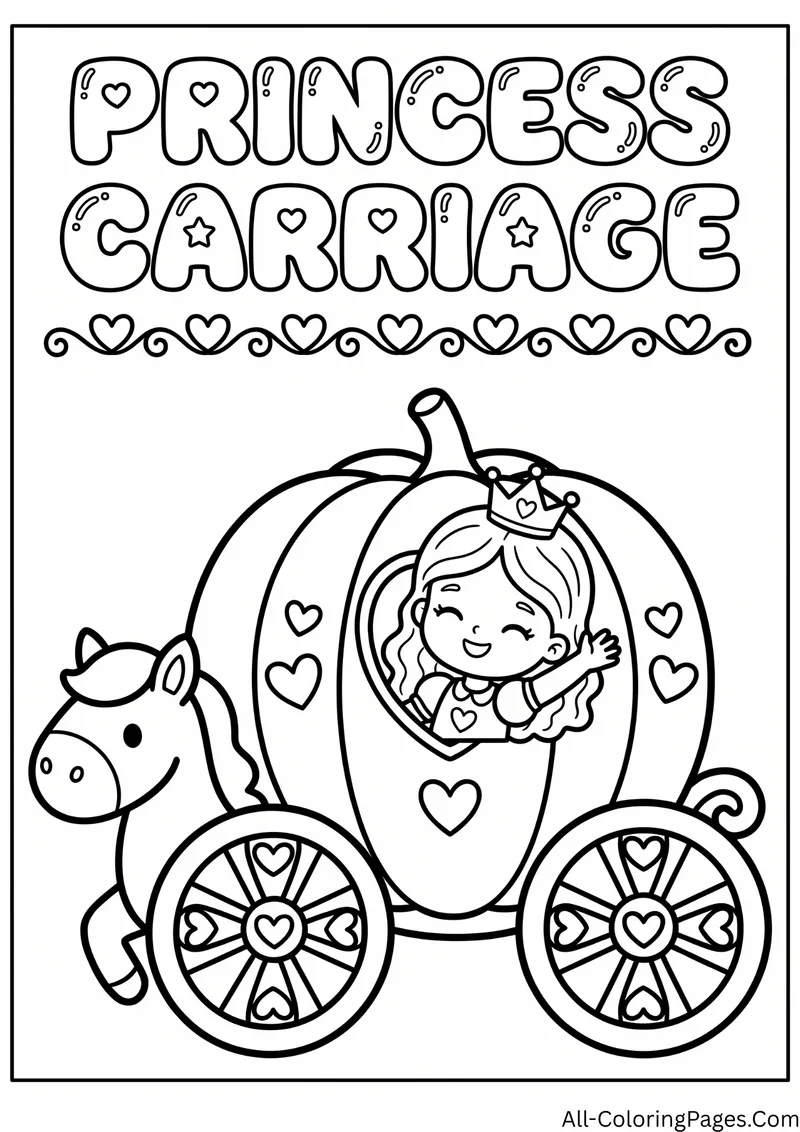 Princess waving from a pumpkin shaped carriage with heart patterned wheels pulled by a small horse