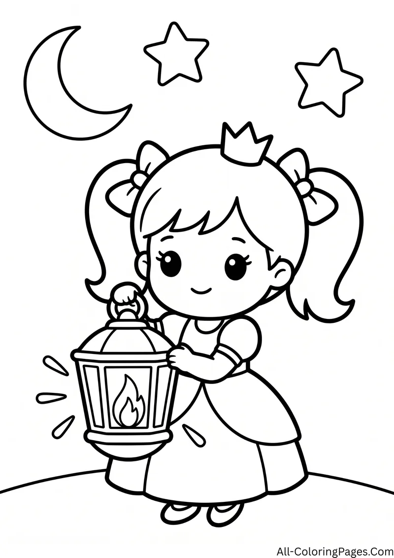 Princess with pigtails holding a lantern under a crescent moon and stars