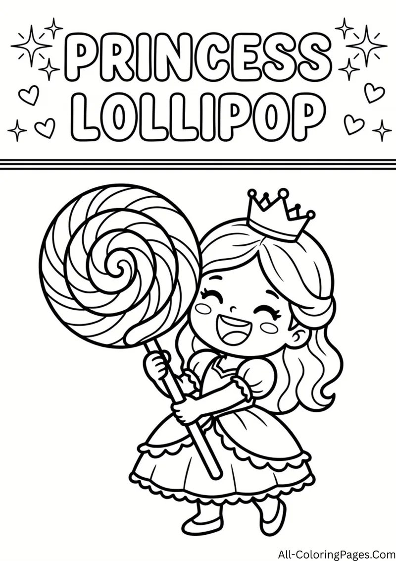 Smiling princess holding a giant swirl lollipop, under the title Princess Lollipop