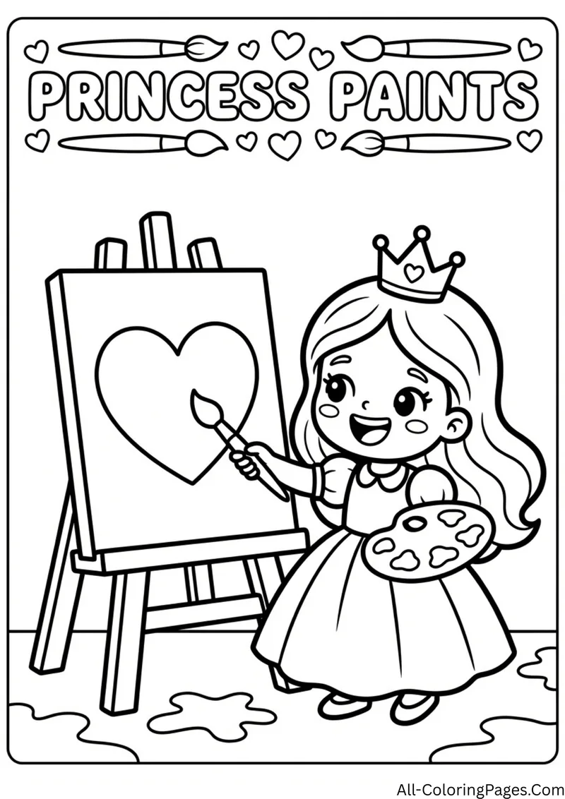 Princess holding a brush and palette beside an easel with a painted heart, with paint puddles on the ground