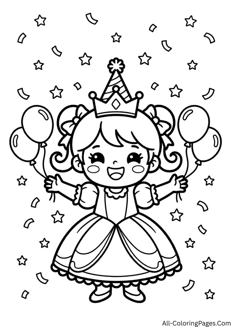 Cheerful princess in a party hat holding balloons, with confetti and stars all around