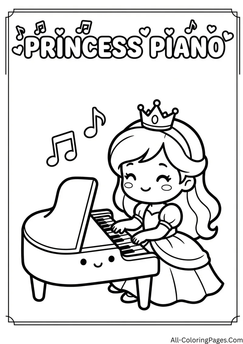 Princess playing a grand piano with a smiling face while music notes float above