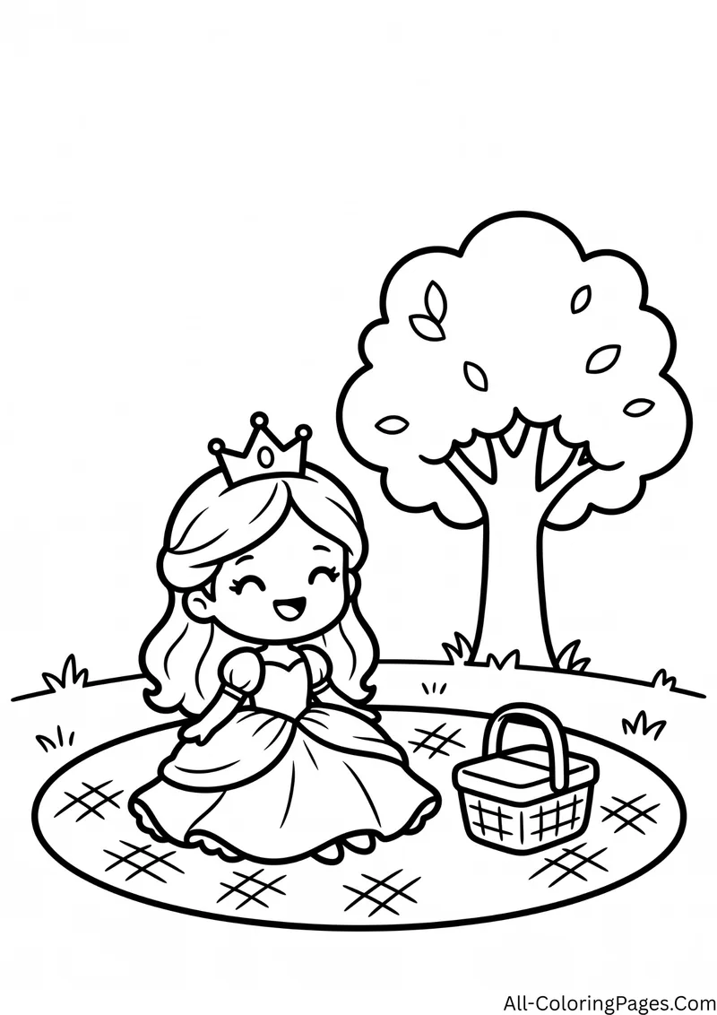Princess sitting on a round checked blanket beside a picnic basket under a leafy tree