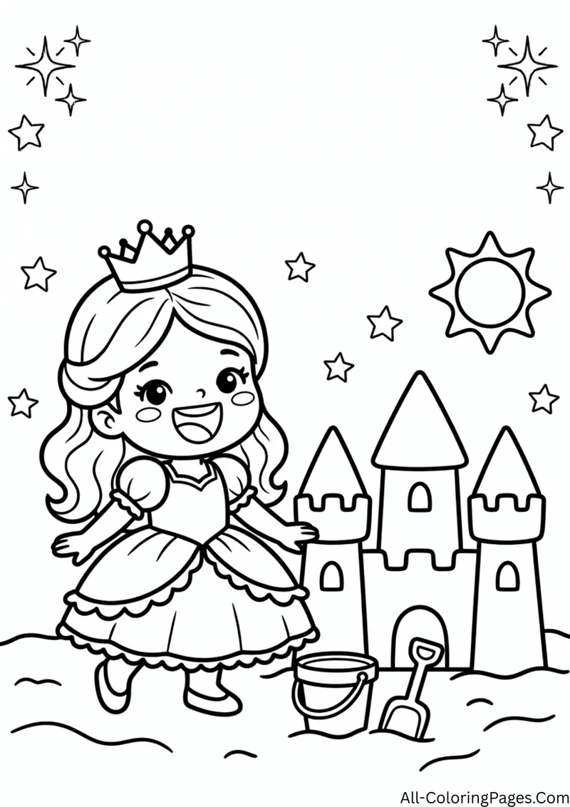 Laughing princess beside a sandcastle with towers, a bucket and a spade, under a sun and stars