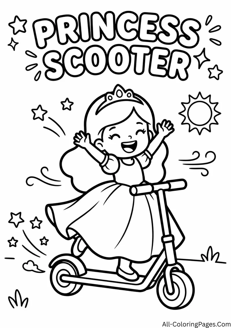 Princess riding a scooter with wind lines, stars and a sun around her