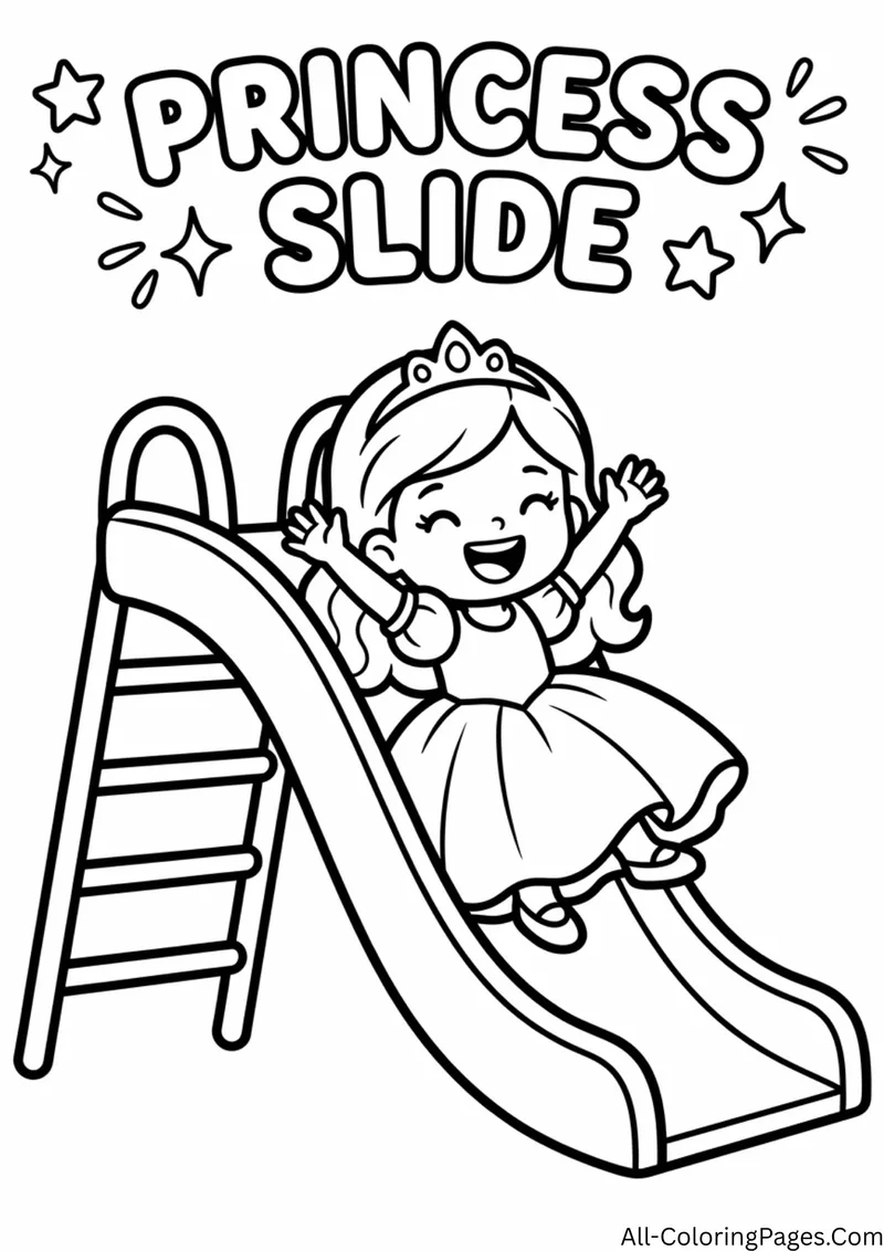Cheering princess sliding down a playground slide with a ladder, under the title Princess Slide