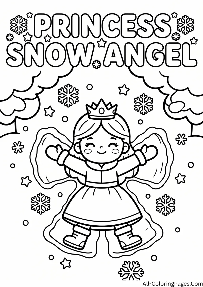 Princess lying in the snow making a snow angel, with snowflakes and clouds around her