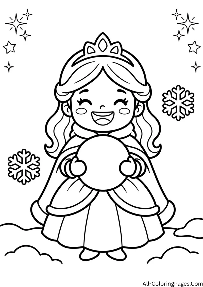 Princess in a cloak holding a large snowball, with snowflakes and sparkles around her