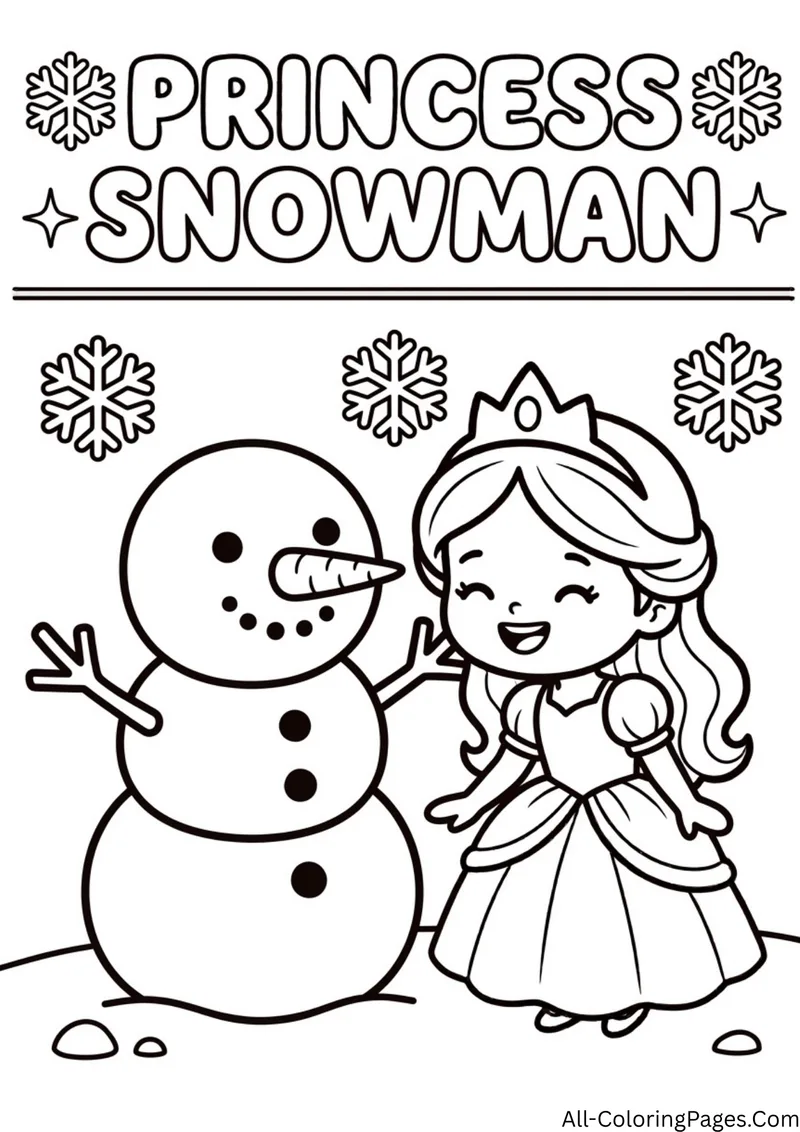 Princess smiling next to a snowman with a carrot nose and coal buttons, with snowflakes above