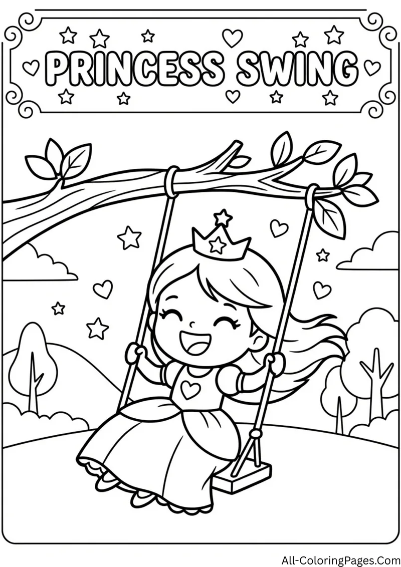 Princess laughing on a tree branch swing with hearts, leaves, hills and trees in the background