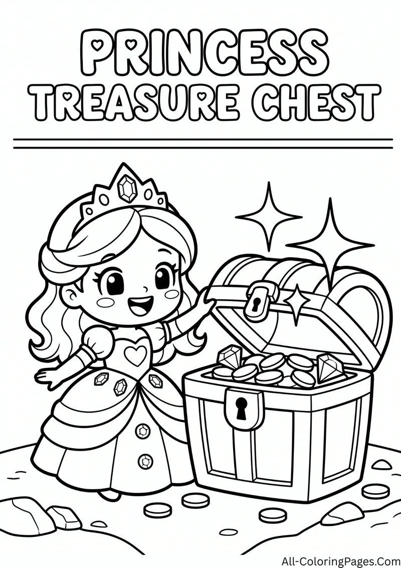 Princess in a jeweled crown opening a treasure chest full of coins and jewels, with sparkles and scattered coins