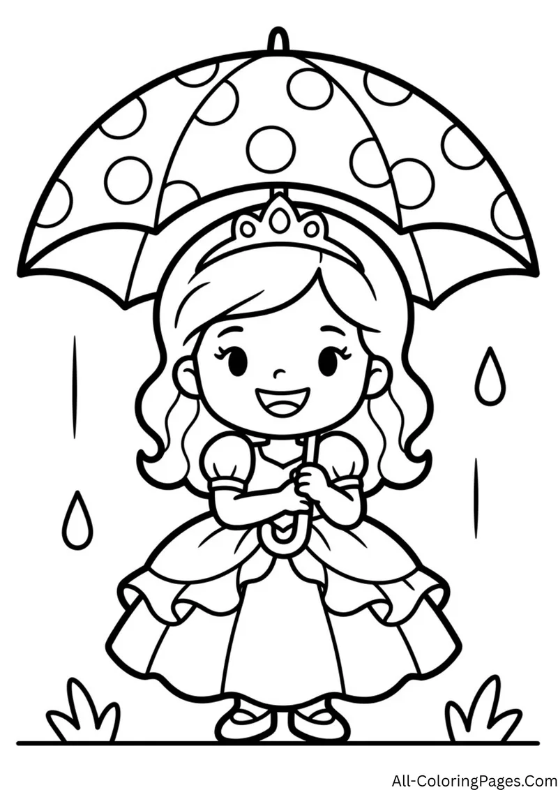 Princess standing under a large polka dot umbrella with raindrops falling and grass at her feet