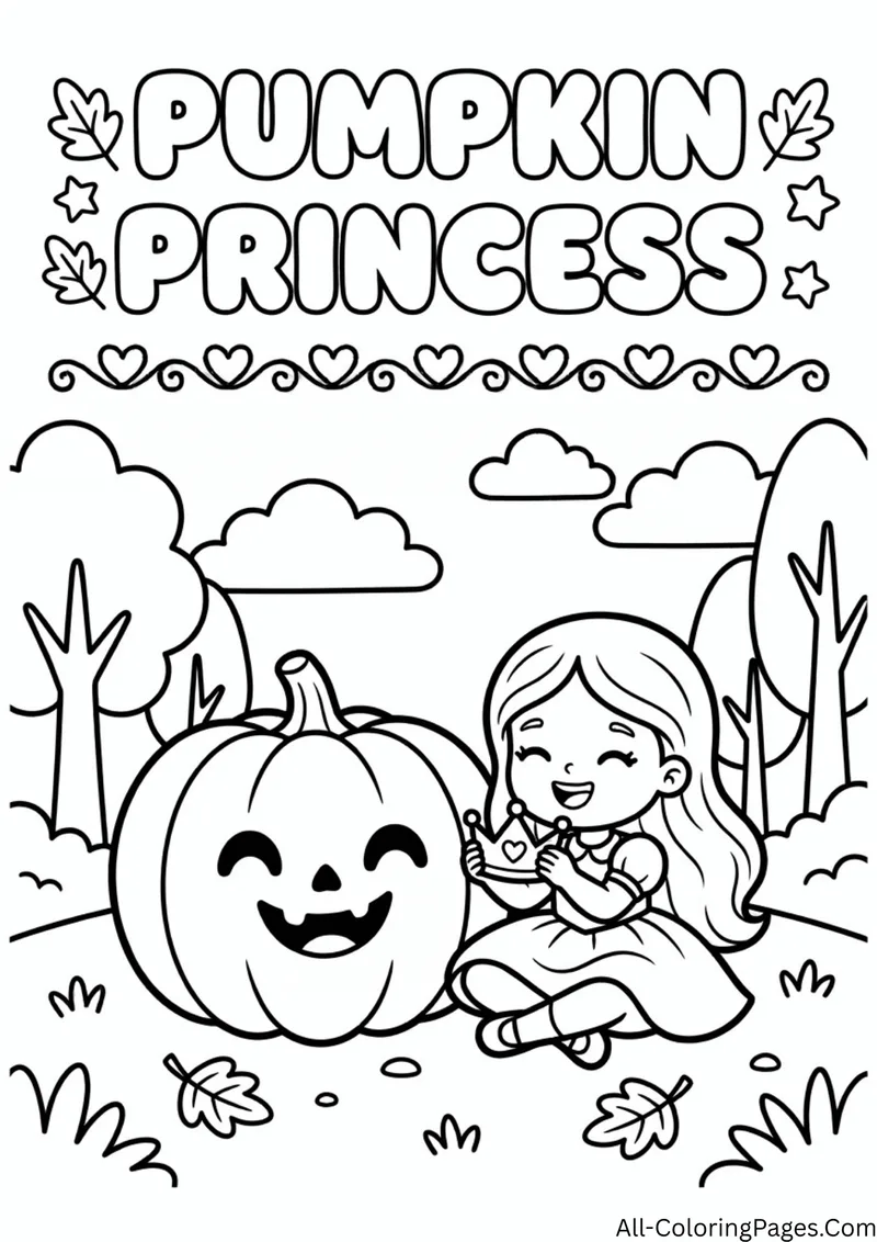 Princess sitting beside a grinning jack o lantern in a forest with clouds, trees and fallen leaves