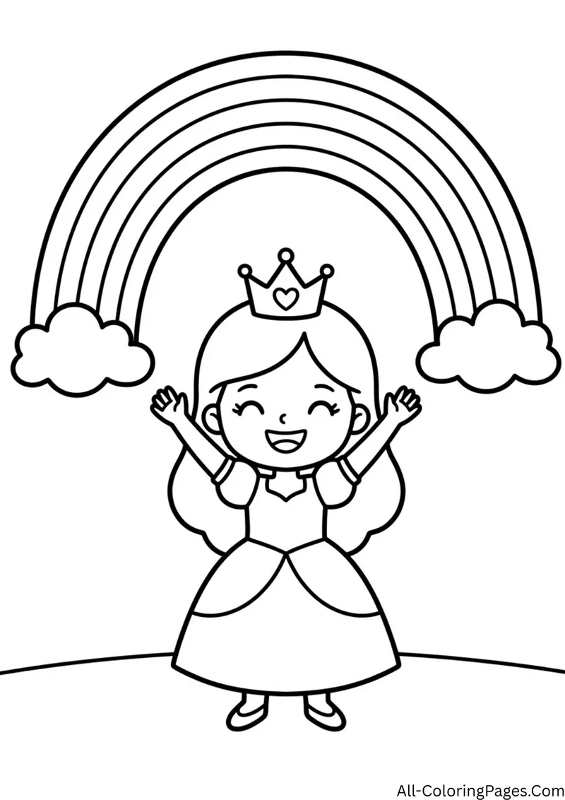 Cheering princess with raised arms standing under a big rainbow with clouds on both ends