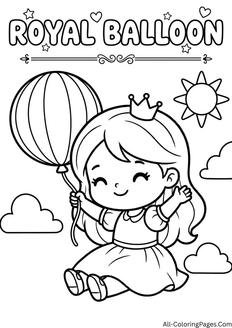Princess sitting and holding a big striped balloon, with clouds and a sun around her