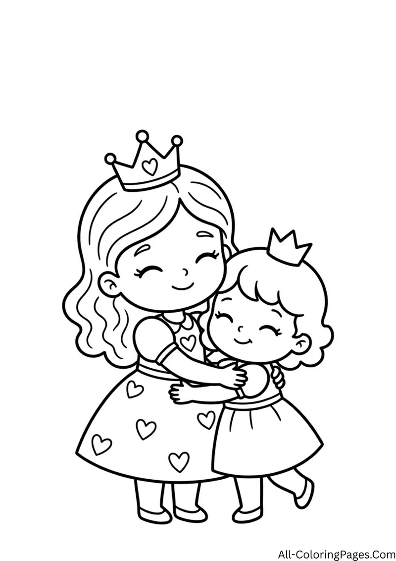 Two young princesses in heart patterned dresses hugging each other