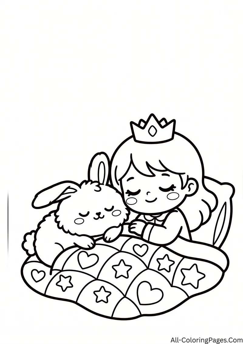 Sleeping princess with a crown snuggling a fluffy bunny on a quilt patterned with stars and hearts