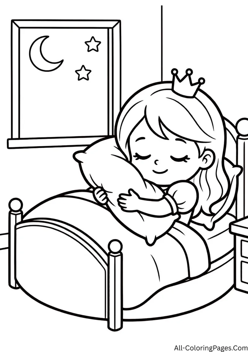 Sleepy princess hugging a pillow in bed, with a window showing a crescent moon and stars