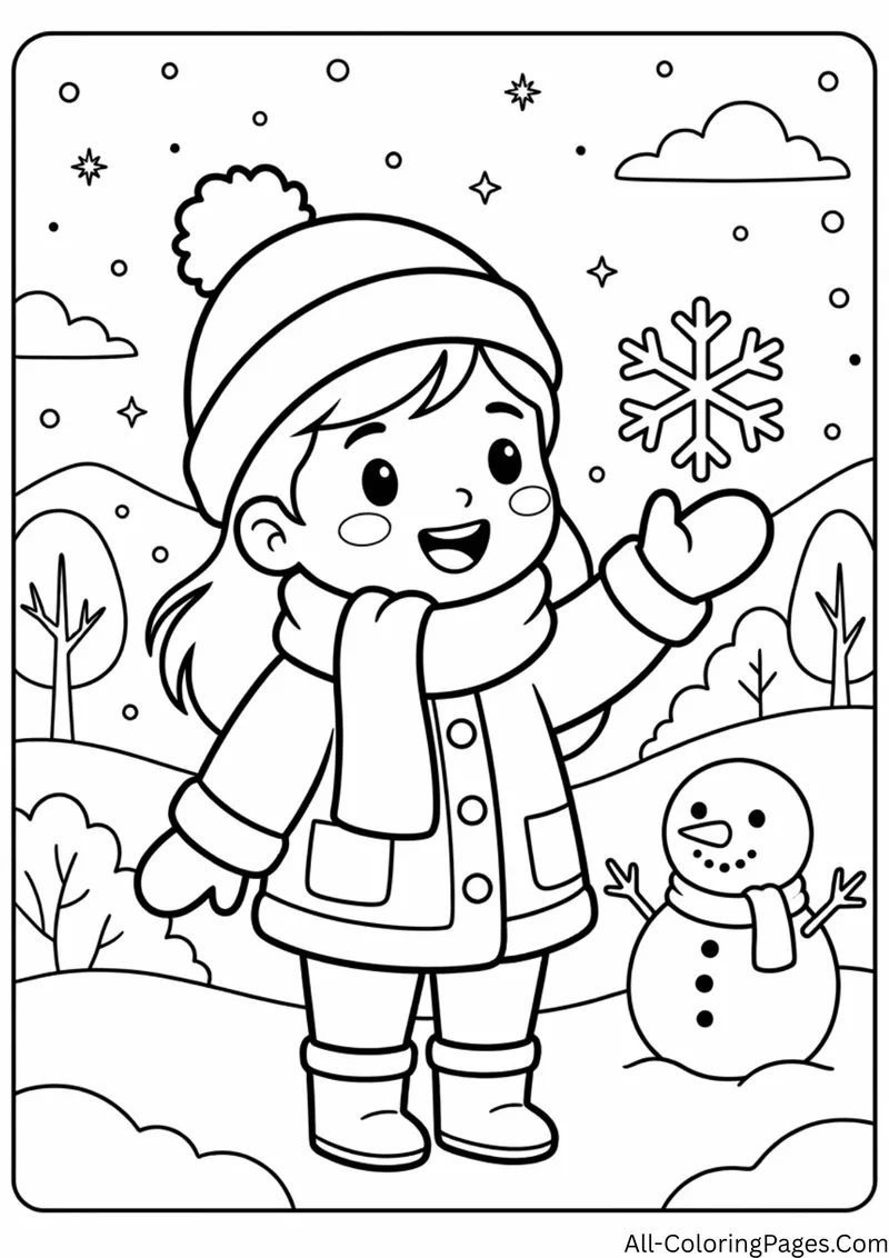 Child in a winter hat, scarf, coat and mittens waving in a snowy park with trees and a small snowman