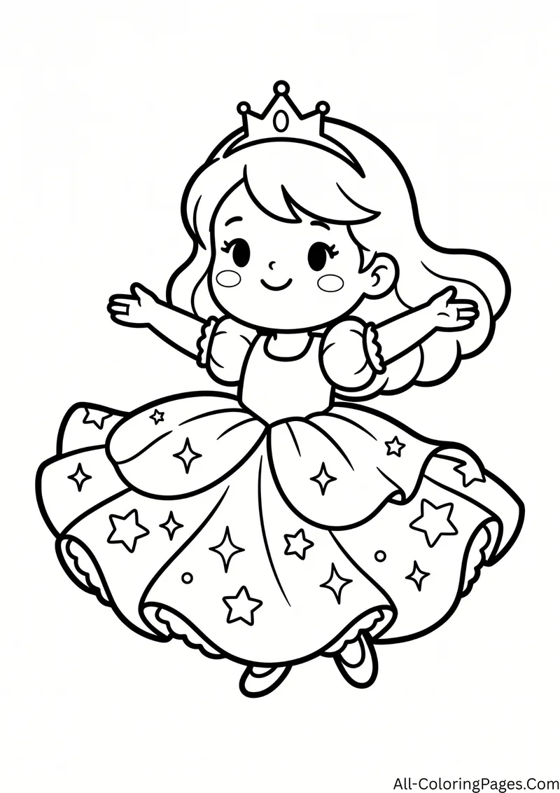 Princess twirling with open arms in a puffy gown covered with stars
