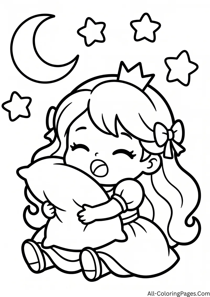 Yawning princess with a hair bow hugging a pillow beneath a crescent moon and stars