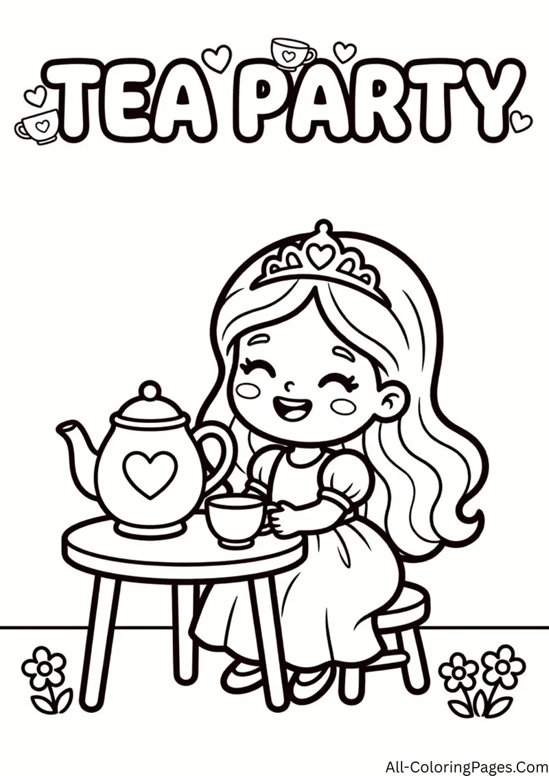 Princess sitting at a small round table with a heart teapot and a teacup, with flowers on the ground
