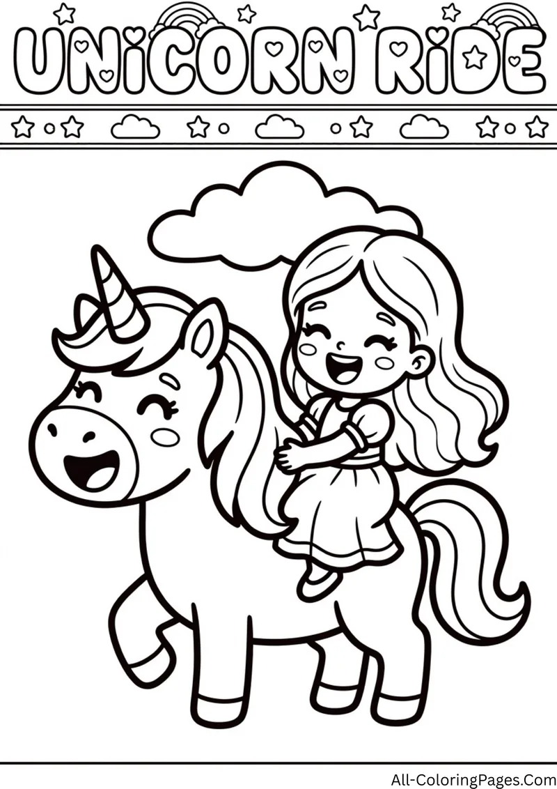 Princess riding a smiling unicorn with a spiral horn and flowing mane, under a cloud