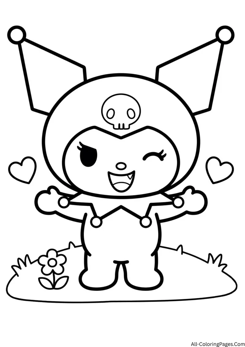 Kuromi with open arms and hearts around her, standing on a grassy patch next to a small flower