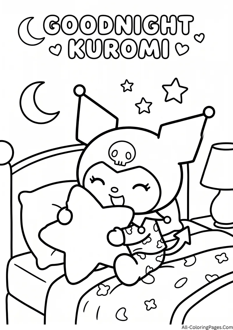 Kuromi hugging a star shaped pillow on a bed beside a lamp, with a crescent moon and stars above