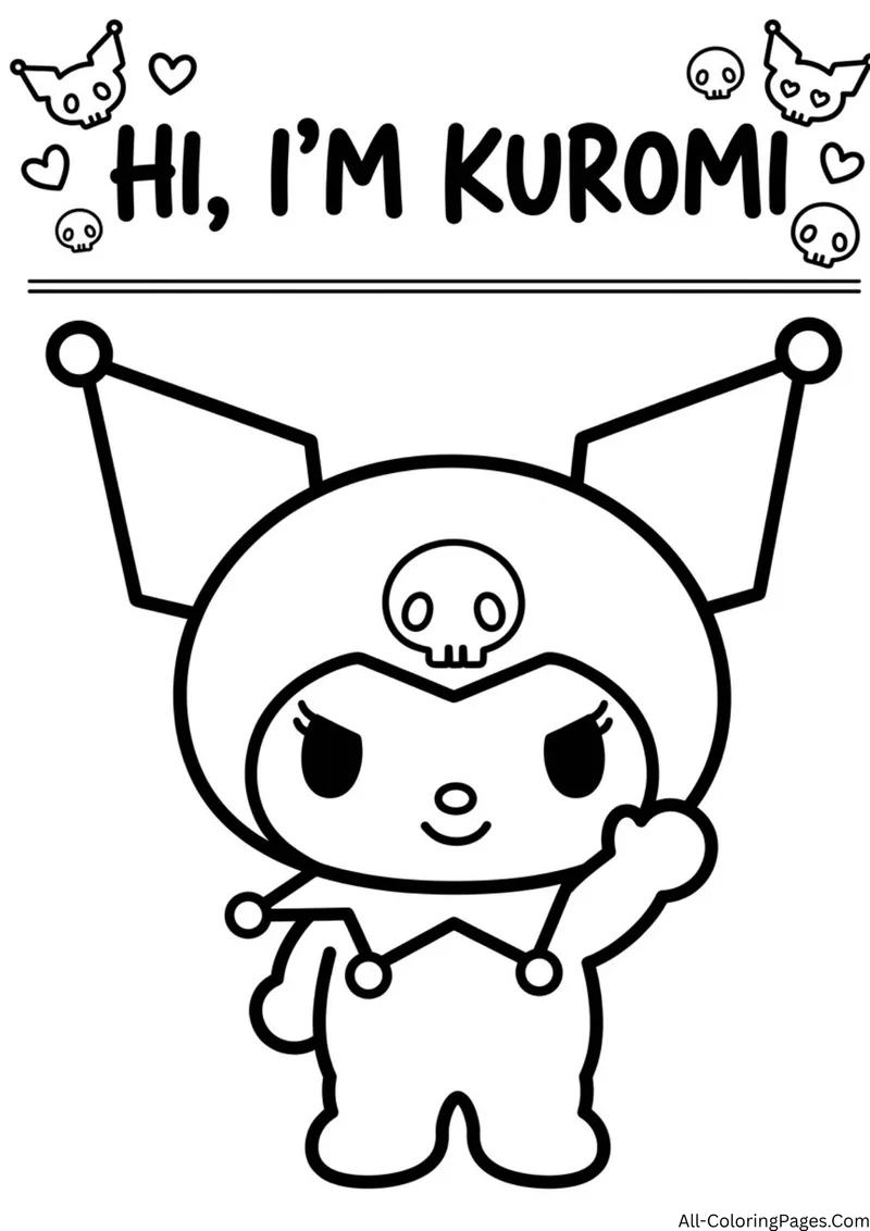 Kuromi waving hello below the title Hi, I'm Kuromi with small skulls and hearts