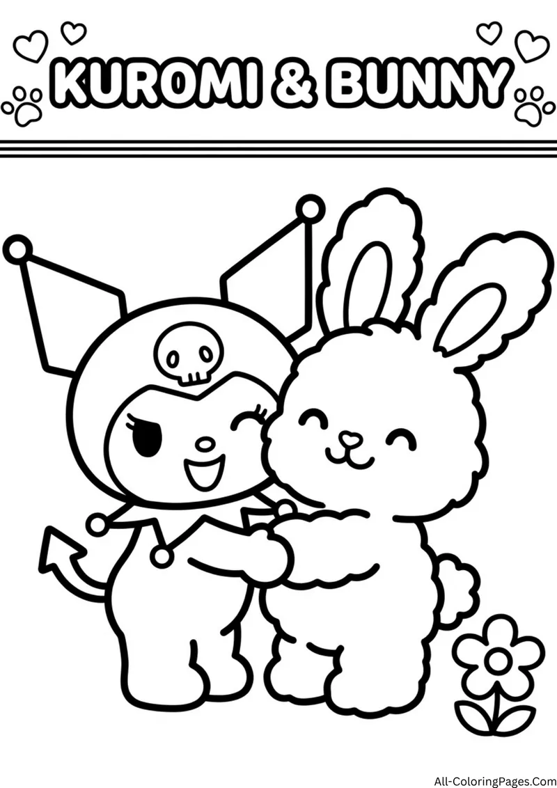 Kuromi hugging a fluffy bunny with a flower and paw prints around the title