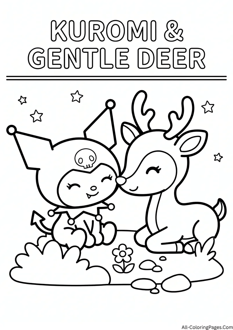 Kuromi sitting close to a gentle deer in a meadow with small stones, a flower and stars
