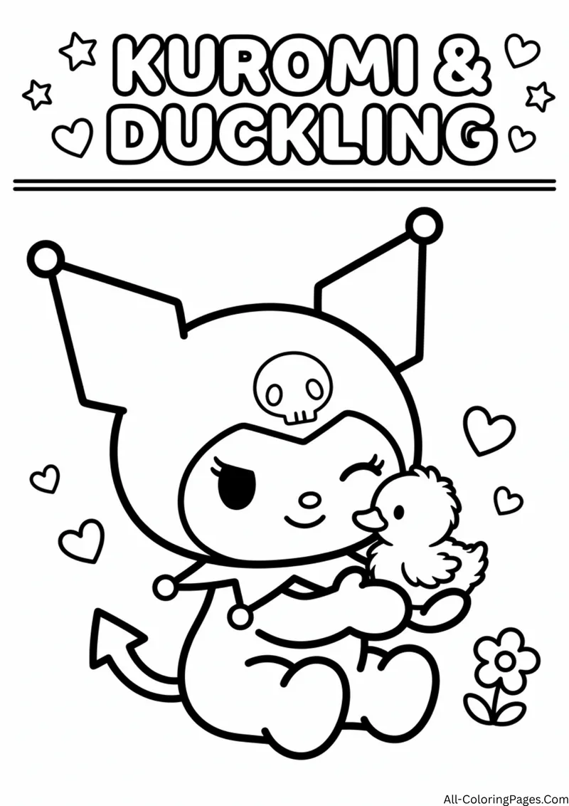 Kuromi holding a small duckling, with hearts, stars and a flower around her