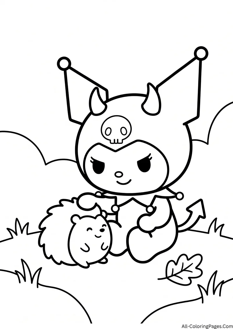 Kuromi sitting with a small hedgehog on grass, with a fallen leaf and rolling hills behind them