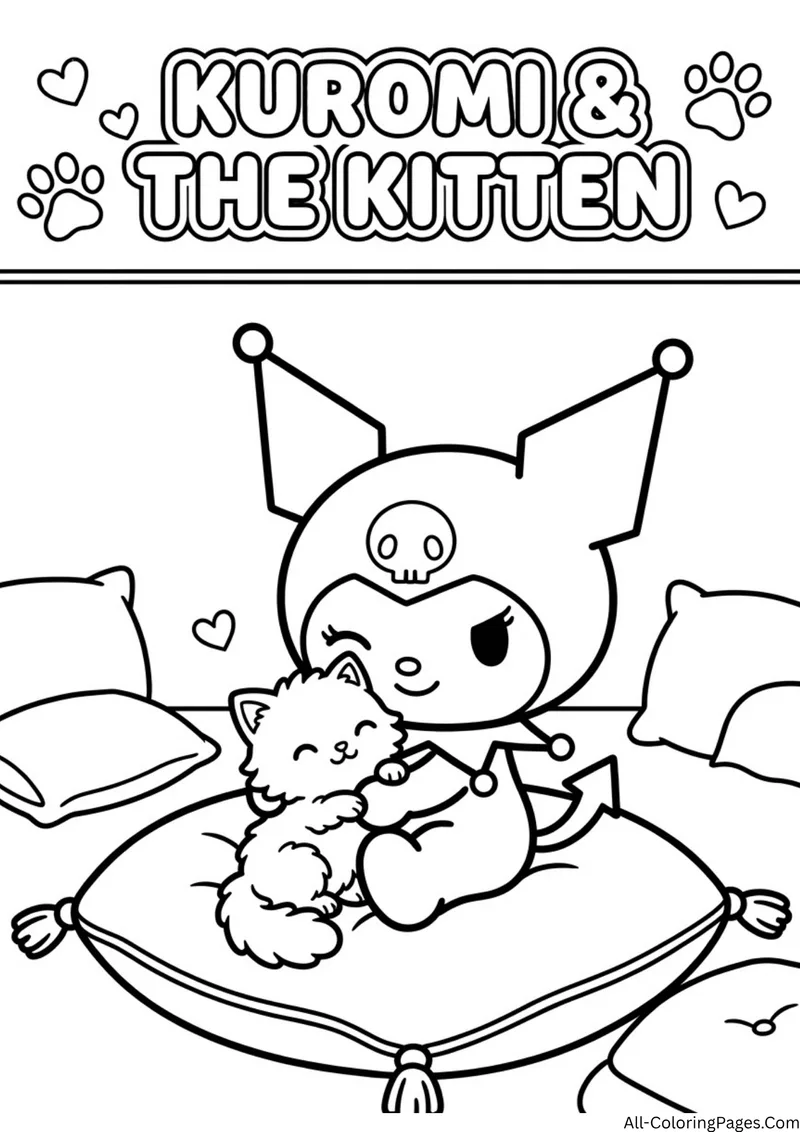 Kuromi holding a kitten on a large tasseled cushion, with paw prints and hearts on the title