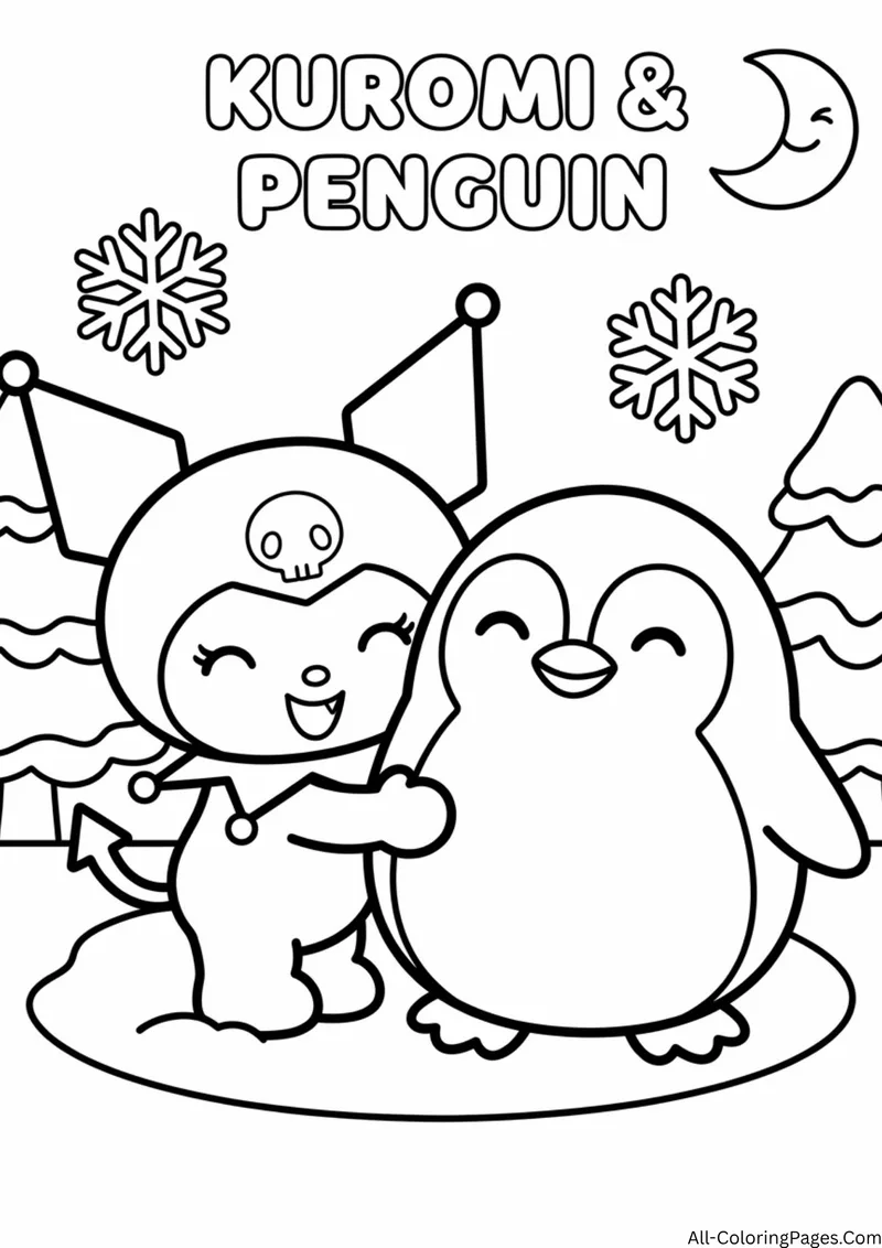 Kuromi hugging a round penguin on an ice patch, with snowflakes and a crescent moon