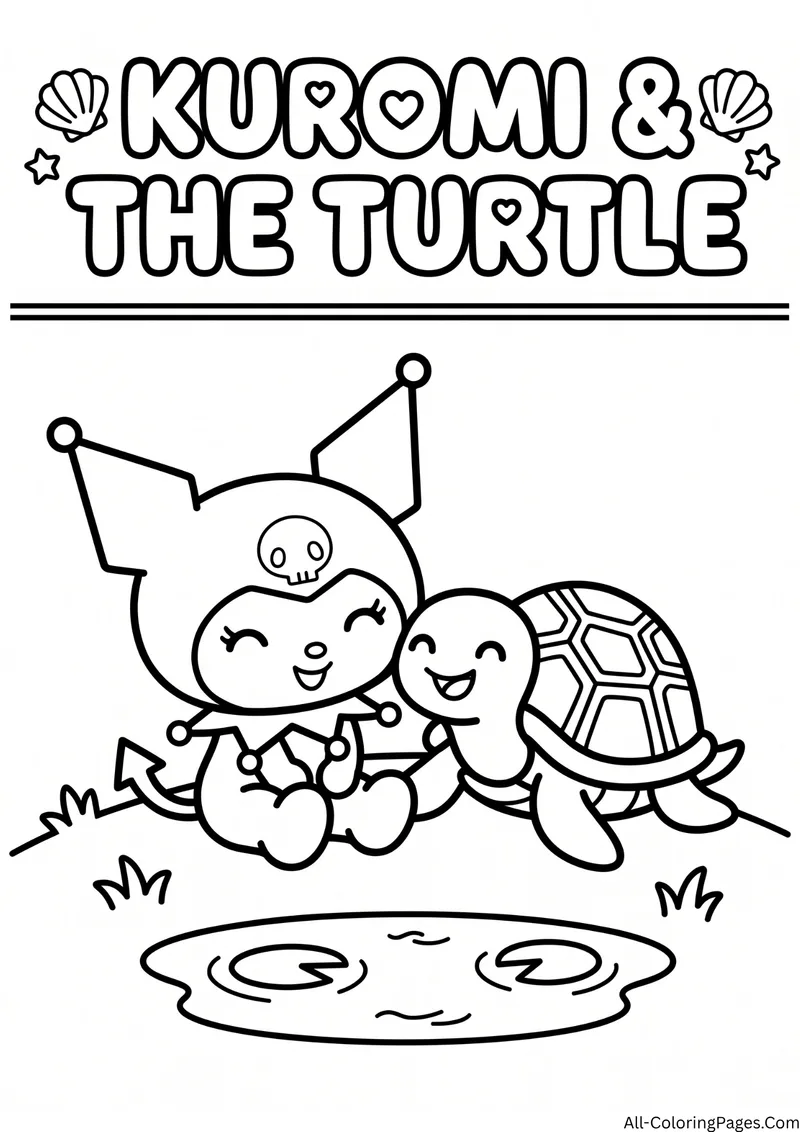 Kuromi sitting next to a smiling turtle beside a pond with lily pads, under the title Kuromi and the Turtle