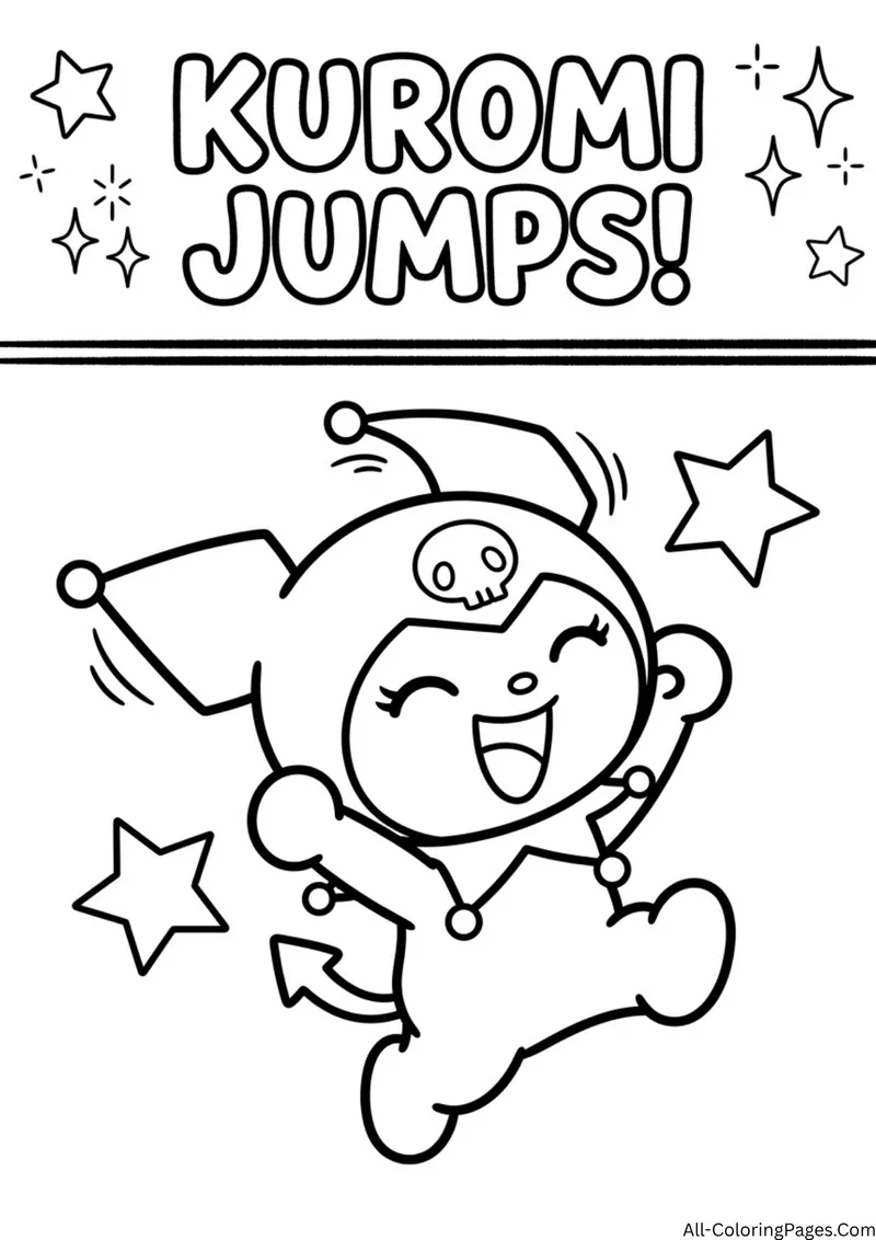 Kuromi jumping with joy, surrounded by stars and sparkles under a bold title