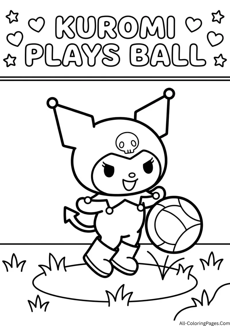 Kuromi kicking a large ball across a grassy field in boots, with tufts of grass around
