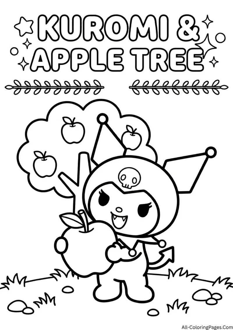 Kuromi holding a big apple beneath a tree full of apples, with small stones and grass