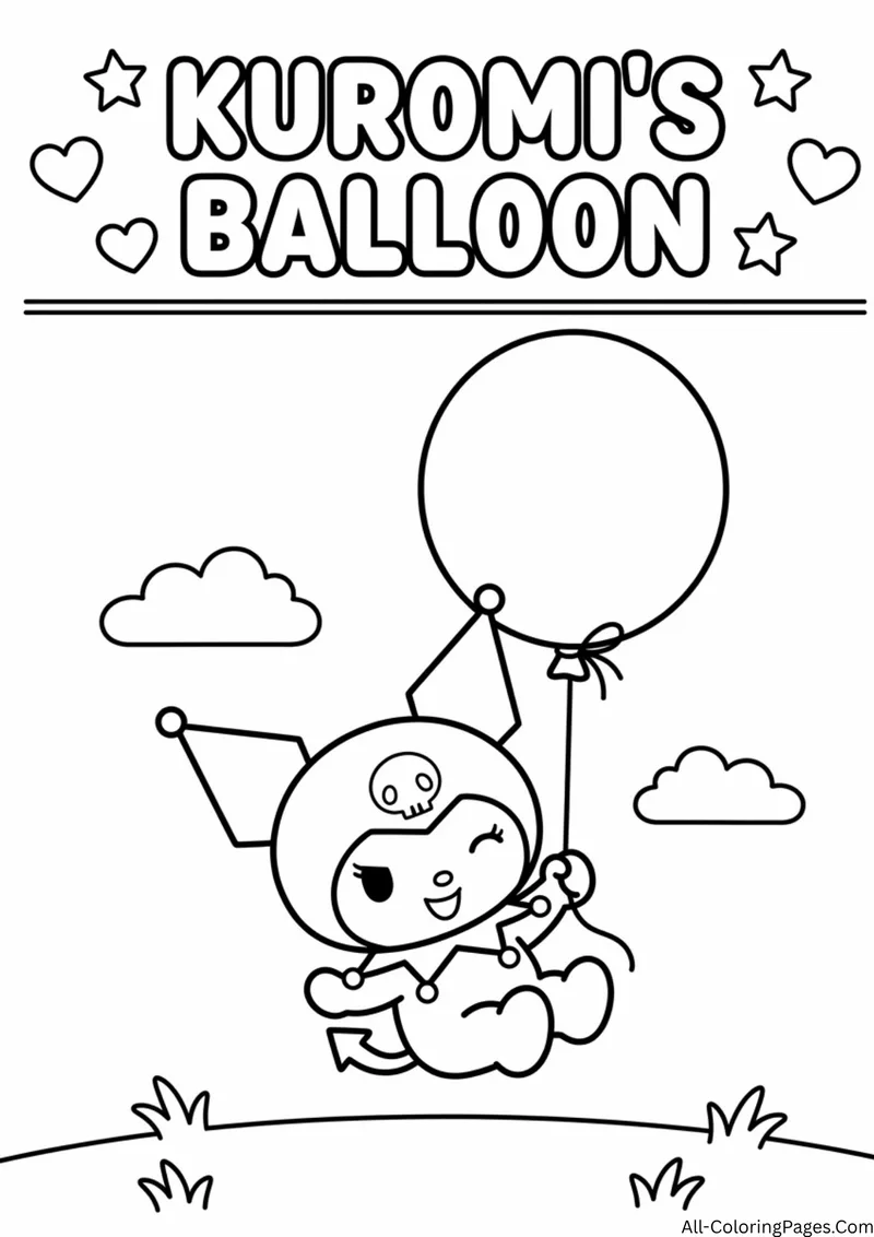 Kuromi sitting on grass holding the string of a large balloon, with two small clouds in the sky
